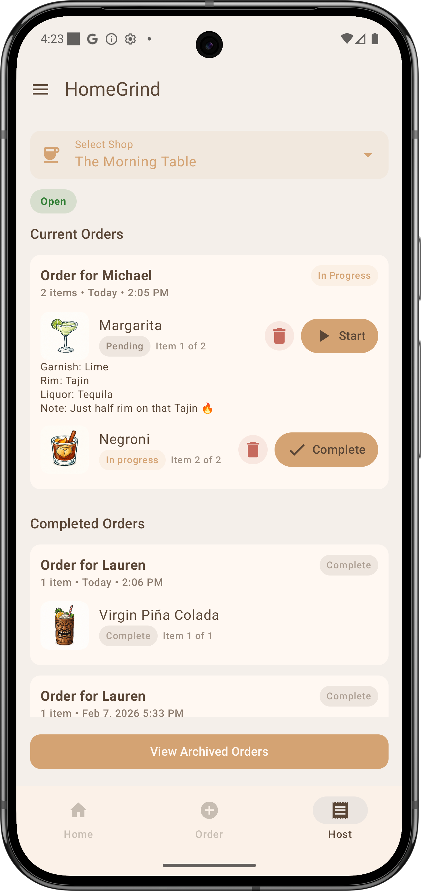 HomeGrind orders view